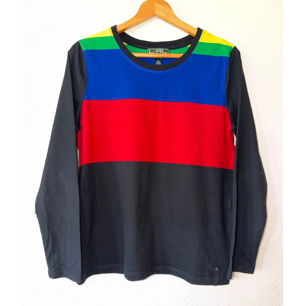 Ralph Lauren Active Color Block Stripe Long Sleeve Cotton Shirt Black Size XL